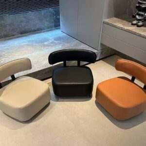 Orange PU leather rolling stool shown at right in a three-color product display