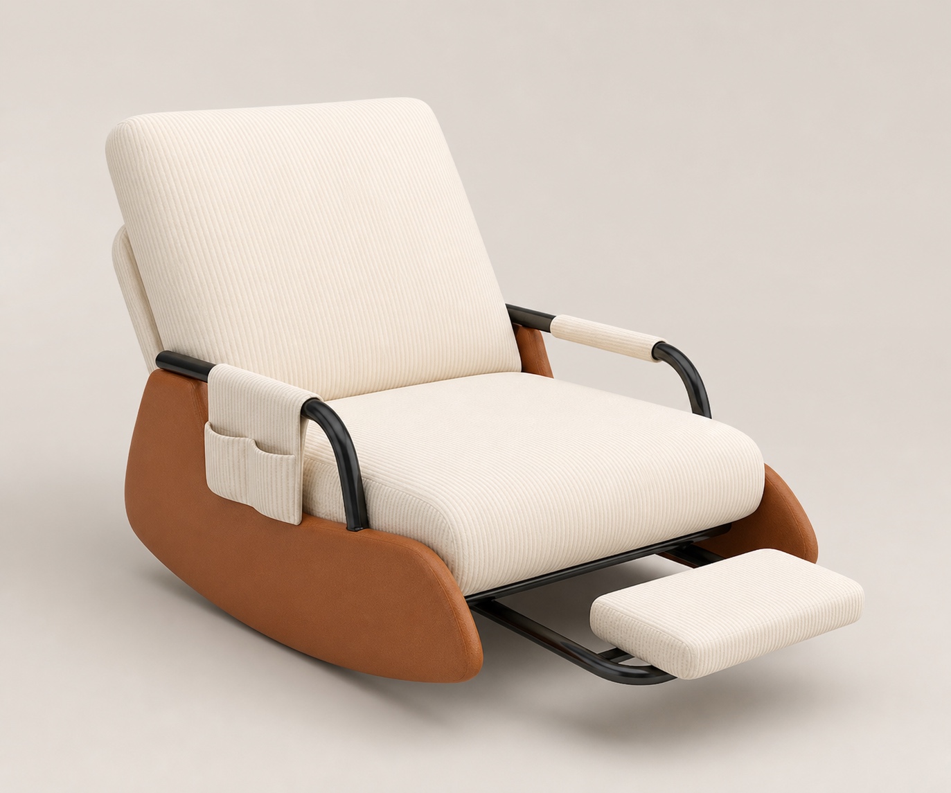 Alternate-angle visualization of the white reclining rocking chair with extended footrest