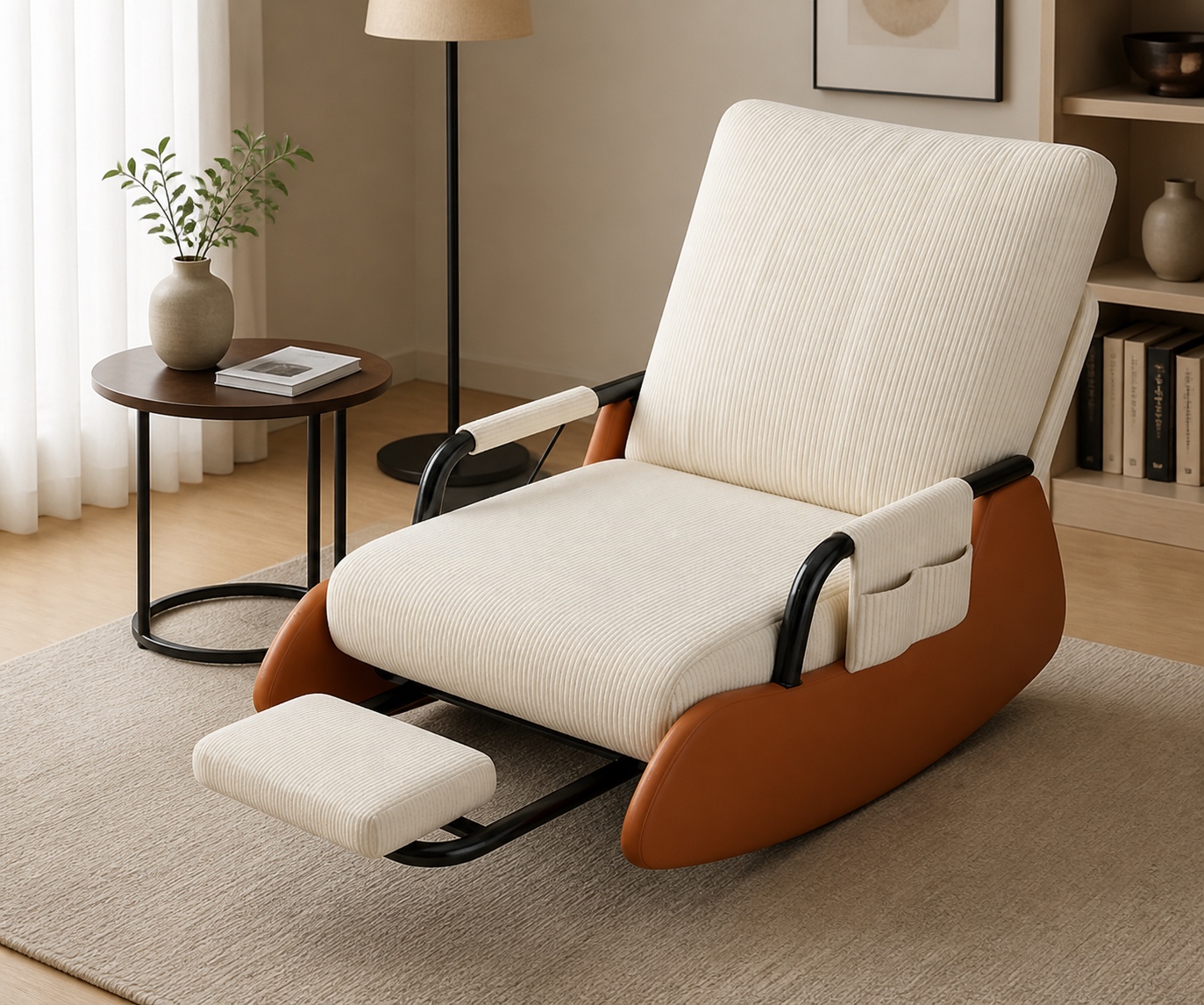 Visualization of the white reclining rocking chair with extended footrest in a living room