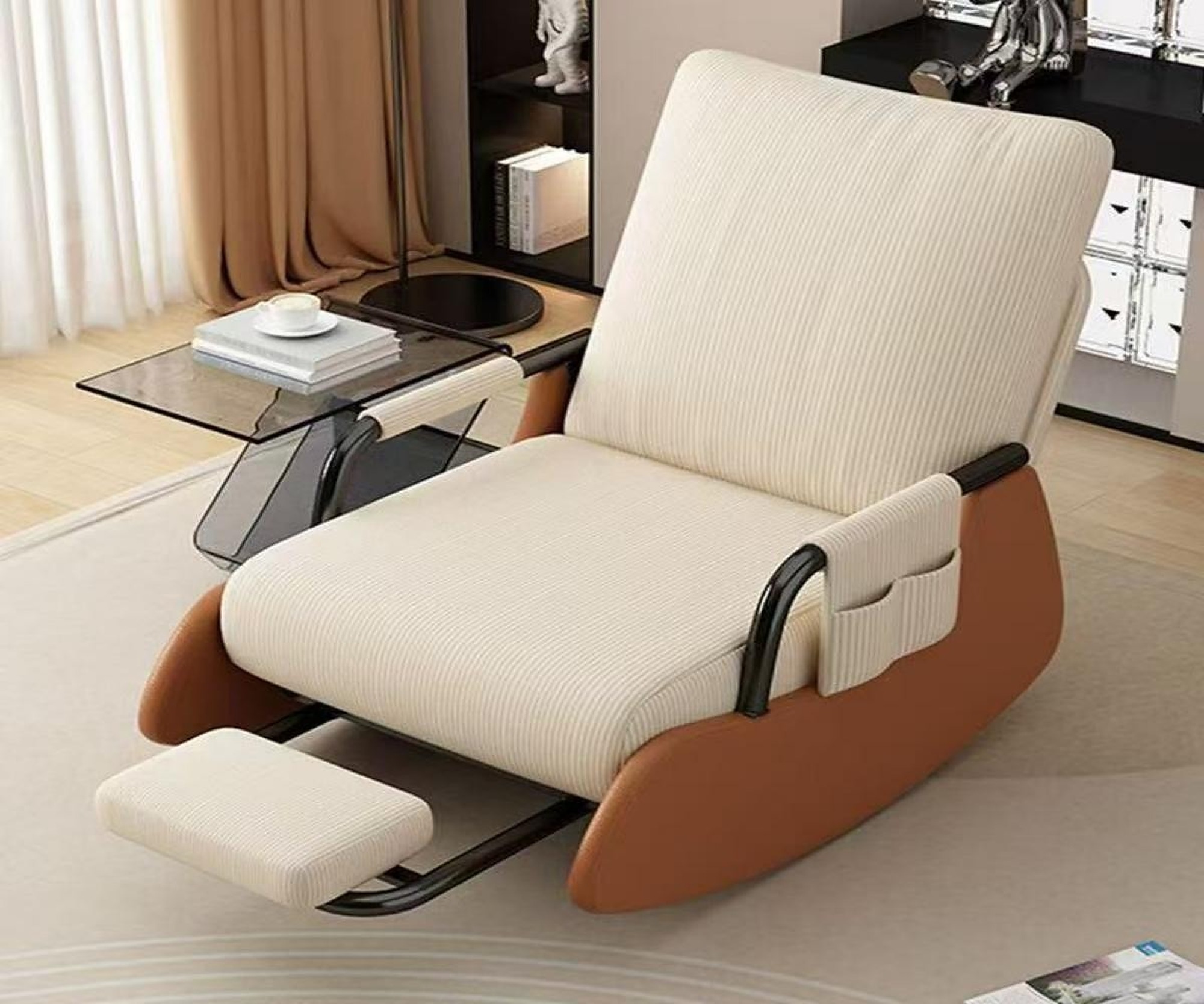 White reclining rocking chair with an extended footrest