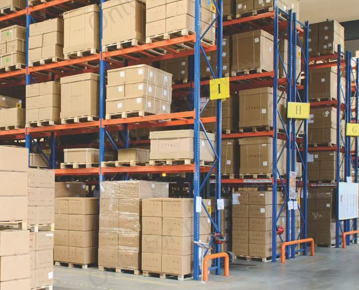 Packed cartons stored in a warehouse